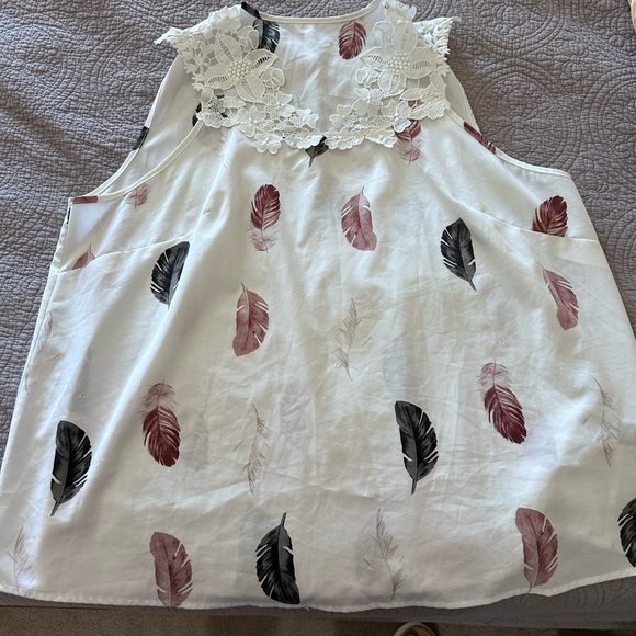 Tops - Girls White Lace-Trim Sleeveless Top with Feather Print